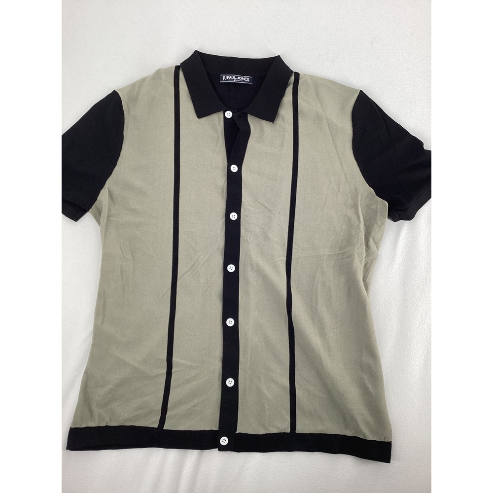 PJ Paul Jones Mens XL Knit Polo Shirt Sage Green Black Vertical Stripe Button Up